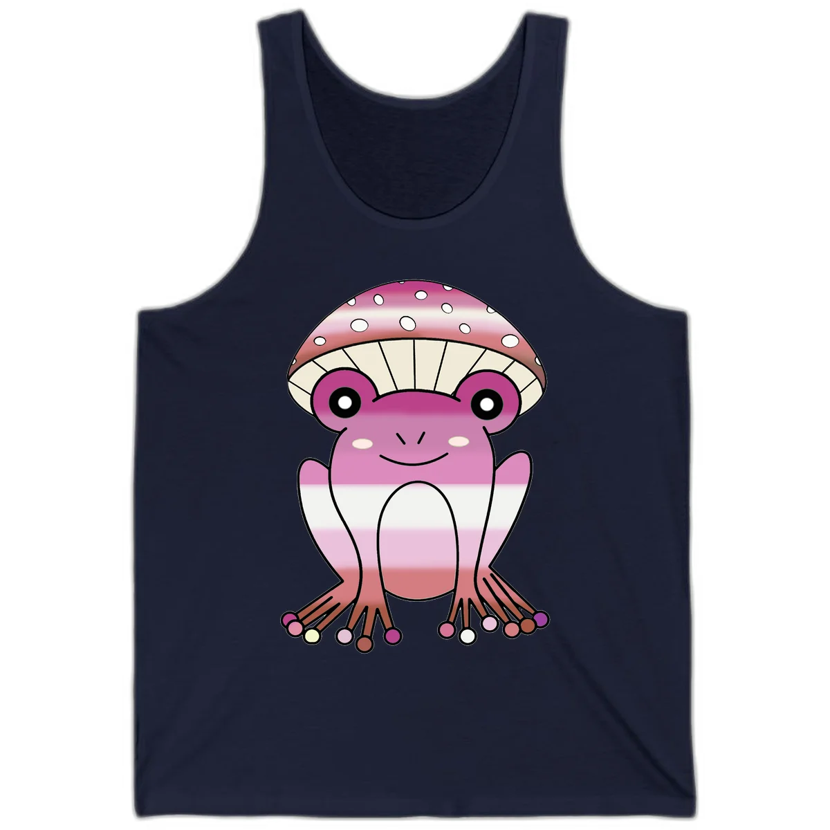 Cute pink mushroom toad character with spotted cap, large eyes, and smiling face wearing gradient pastel colors in Navy