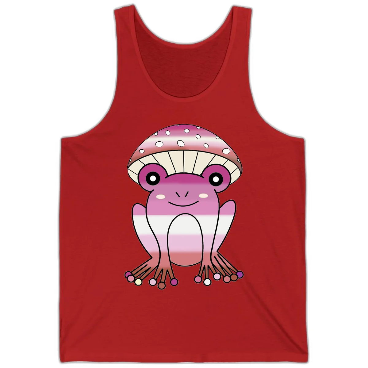 Cute pink mushroom toad character with spotted cap, large eyes, and smiling face wearing gradient pastel colors in Red