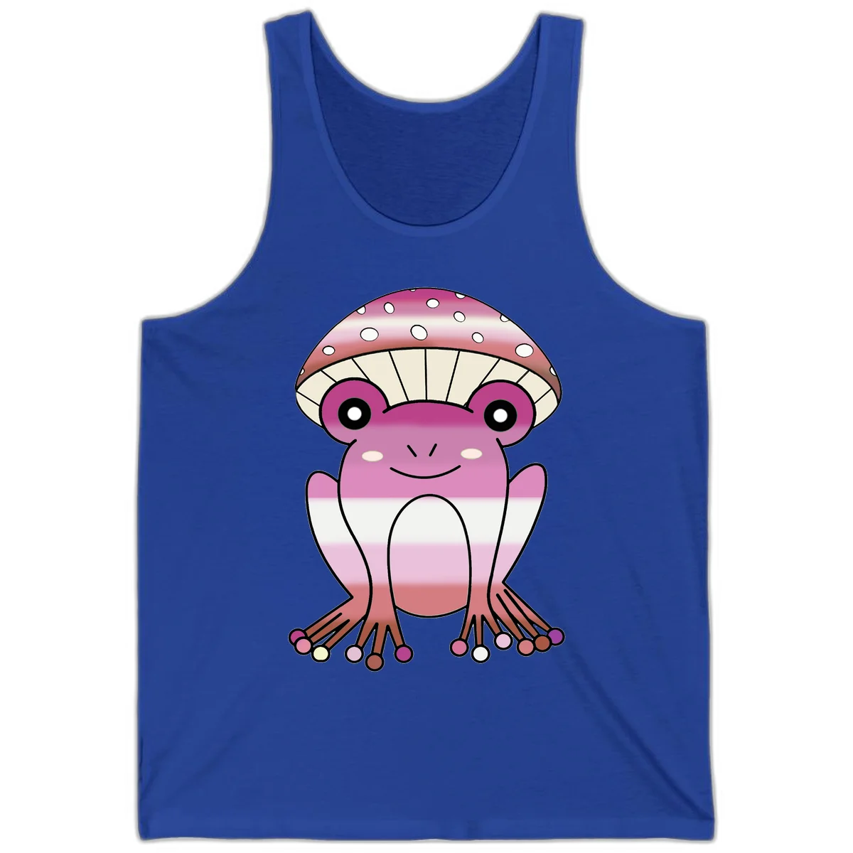 Cute pink mushroom toad character with spotted cap, large eyes, and smiling face wearing gradient pastel colors in True Royal