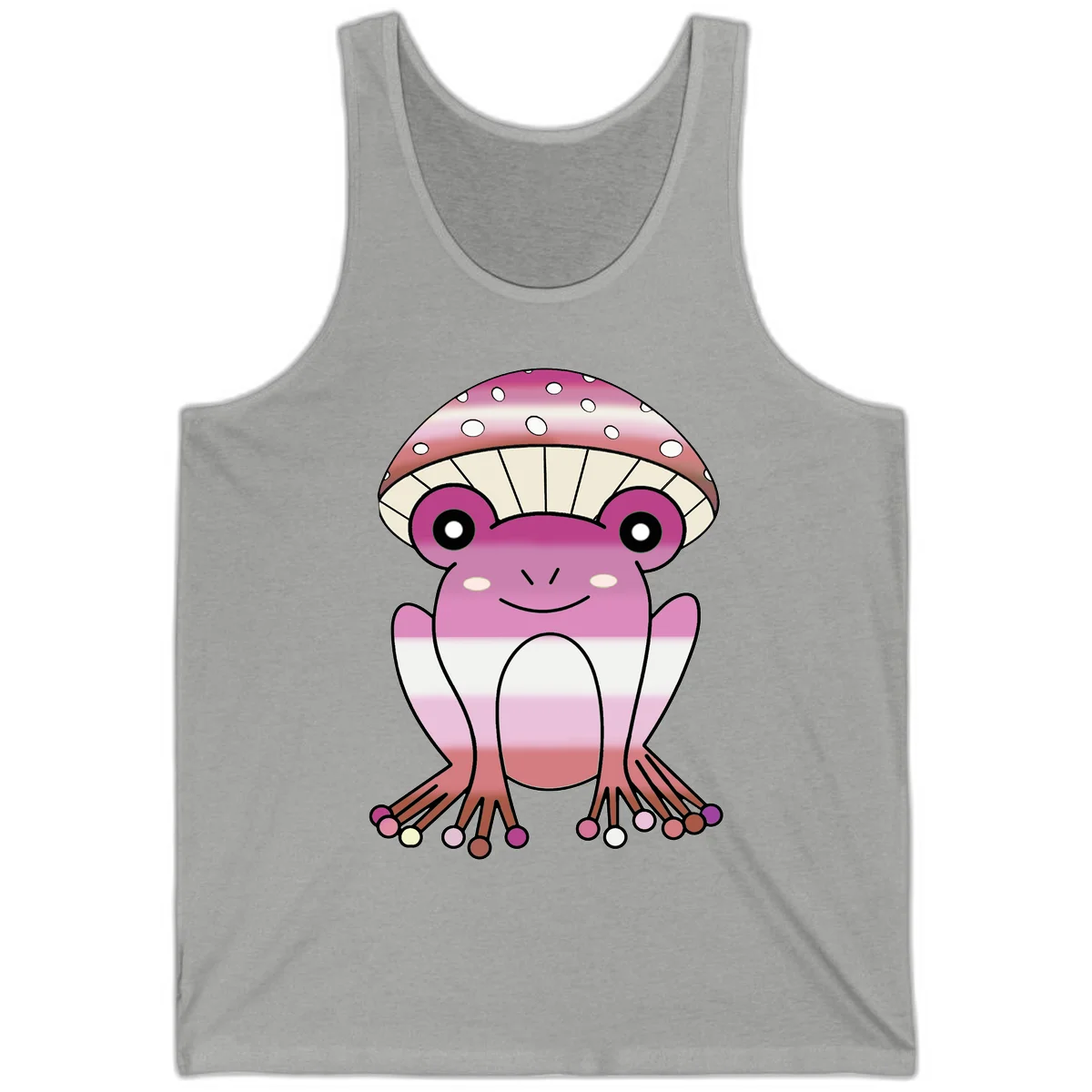 Cute pink mushroom toad character with spotted cap, large eyes, and smiling face wearing gradient pastel colors in Athletic Heather