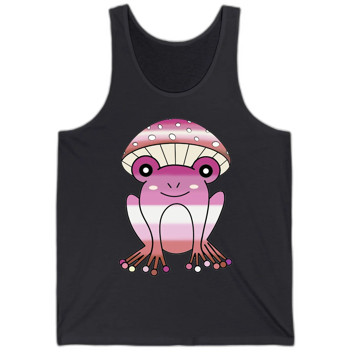 Cute pink mushroom toad character with spotted cap, large eyes, and smiling face wearing gradient pastel colors in Dark Grey