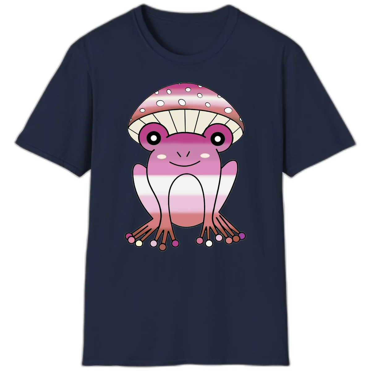 Cute pink mushroom toad character with spotted cap, large eyes, and smiling face wearing gradient pastel colors in Navy