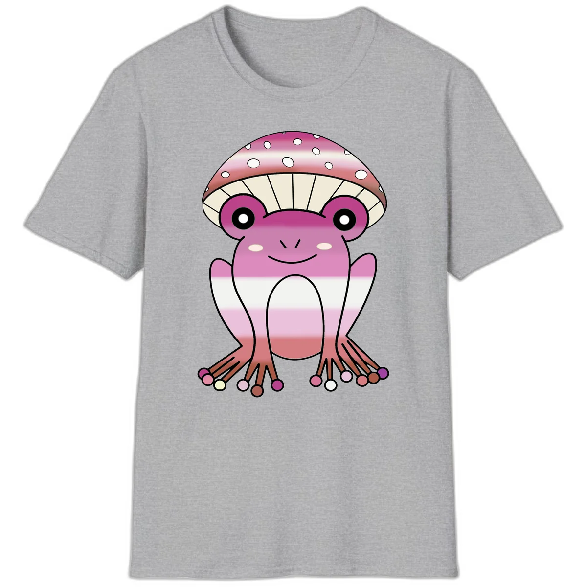 Cute pink mushroom toad character with spotted cap, large eyes, and smiling face wearing gradient pastel colors in Sport Grey