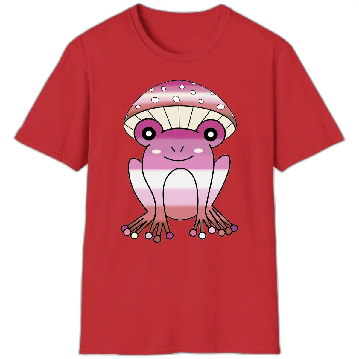 Cute pink mushroom toad character with spotted cap, large eyes, and smiling face wearing gradient pastel colors in Red