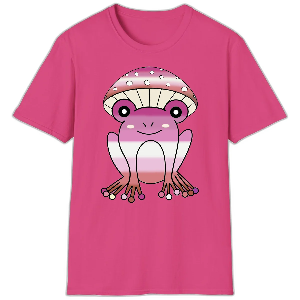 Cute pink mushroom toad character with spotted cap, large eyes, and smiling face wearing gradient pastel colors in Heliconia