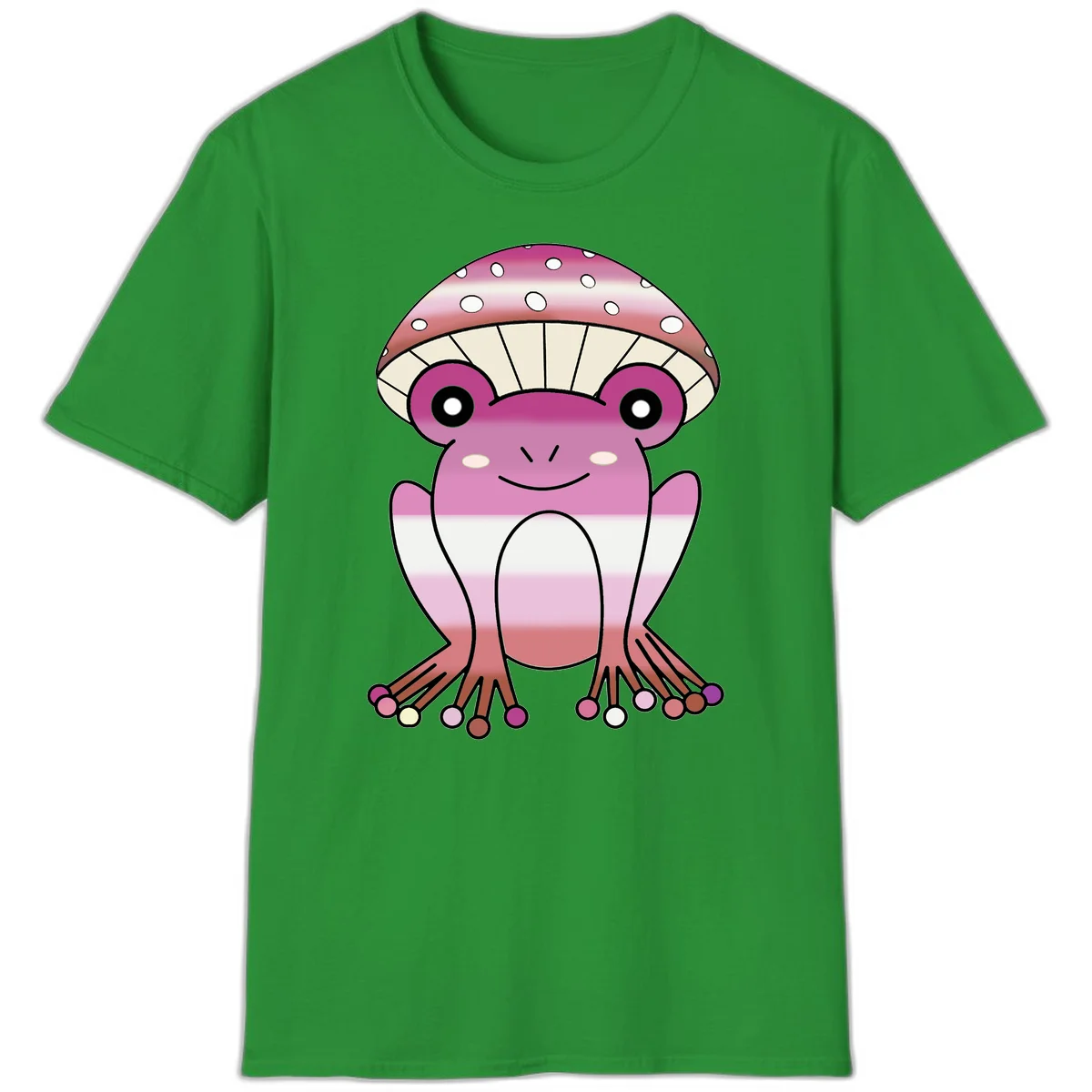 Cute pink mushroom toad character with spotted cap, large eyes, and smiling face wearing gradient pastel colors in Irish Green