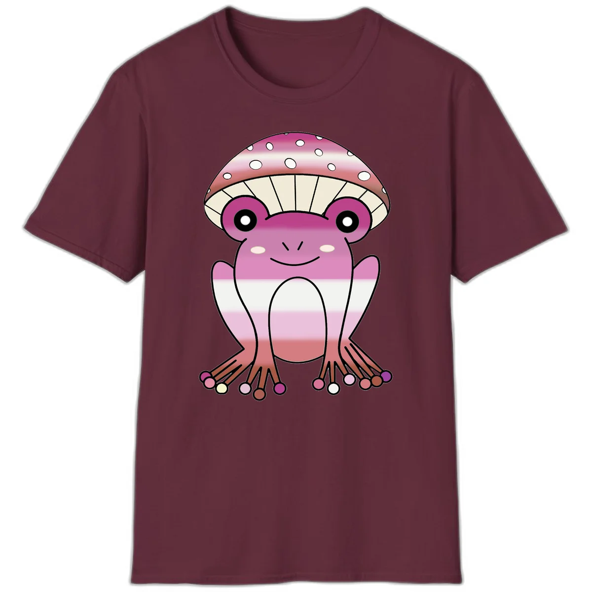 Cute pink mushroom toad character with spotted cap, large eyes, and smiling face wearing gradient pastel colors in Maroon