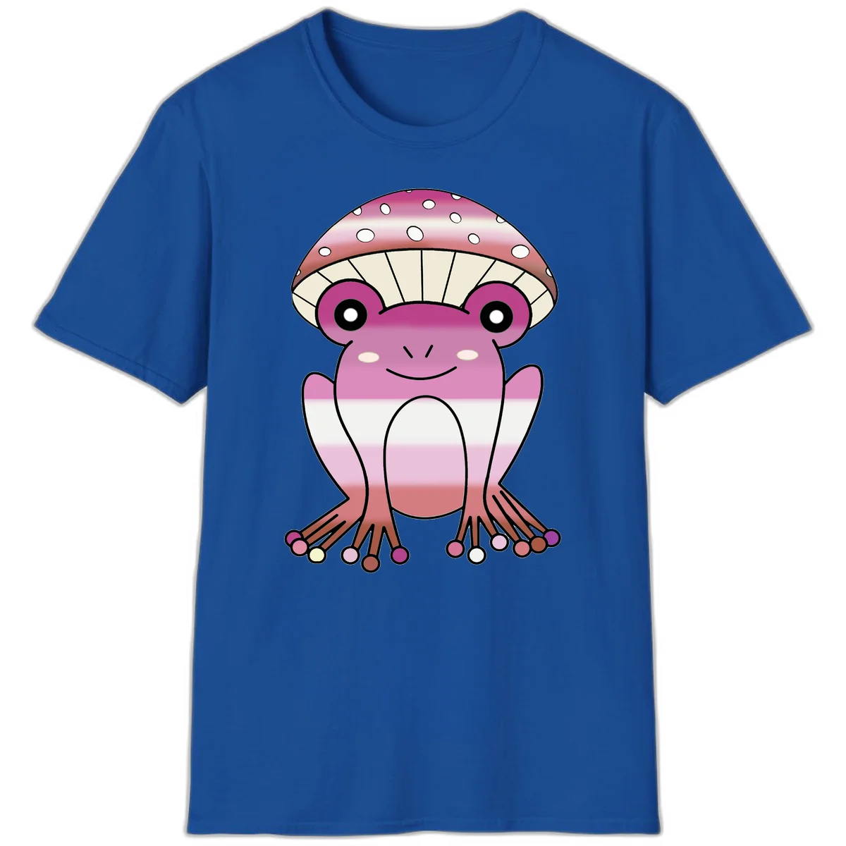 Cute pink mushroom toad character with spotted cap, large eyes, and smiling face wearing gradient pastel colors in Royal