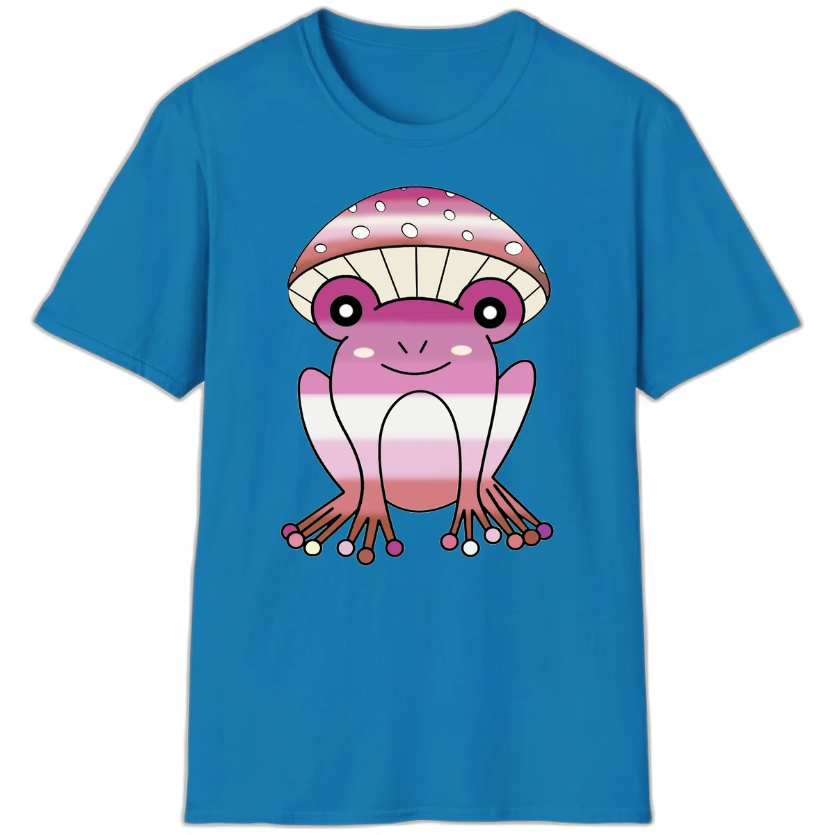 Cute pink mushroom toad character with spotted cap, large eyes, and smiling face wearing gradient pastel colors in Sapphire
