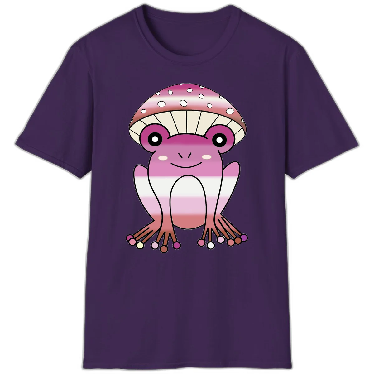 Cute pink mushroom toad character with spotted cap, large eyes, and smiling face wearing gradient pastel colors in Purple