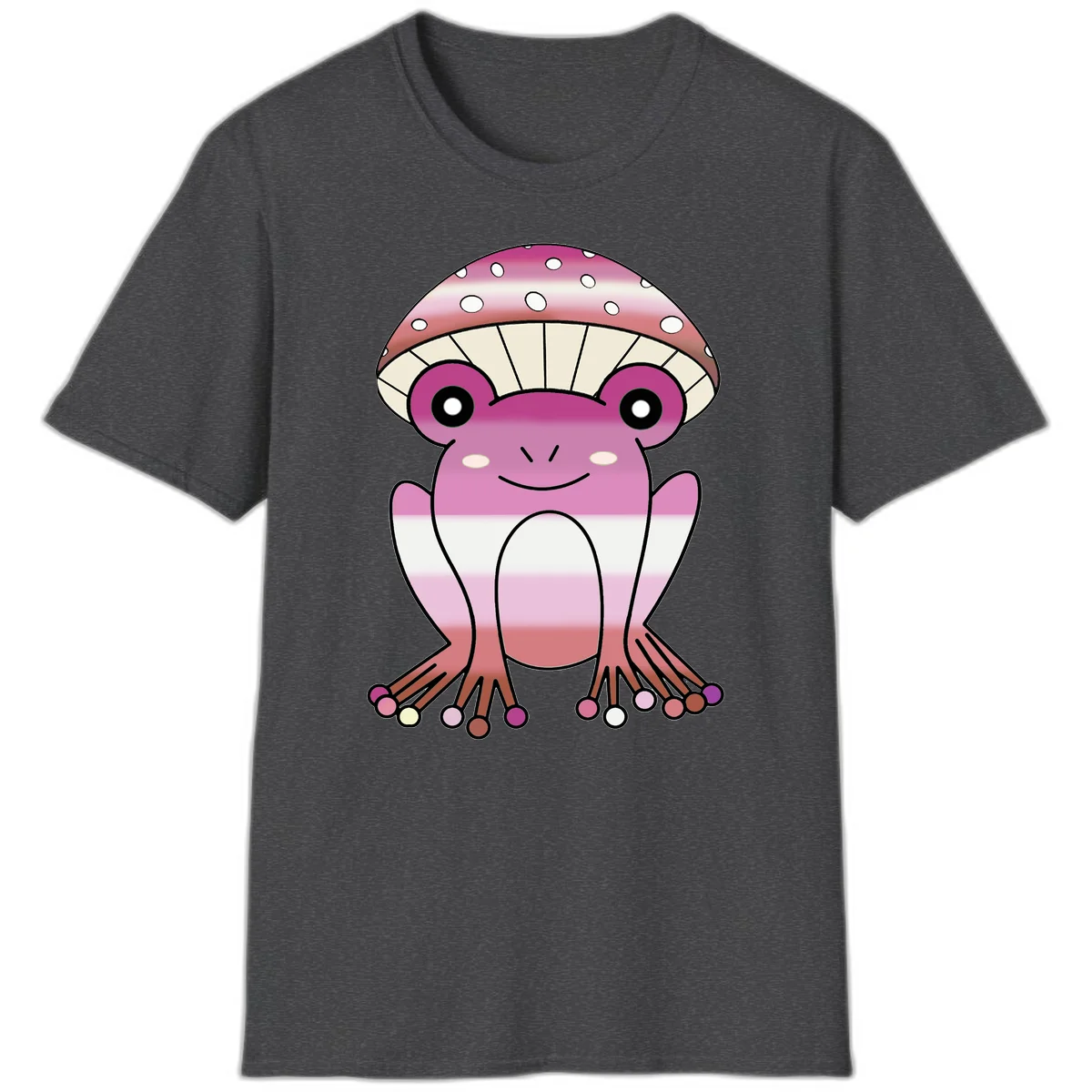 Cute pink mushroom toad character with spotted cap, large eyes, and smiling face wearing gradient pastel colors in Dark Heather
