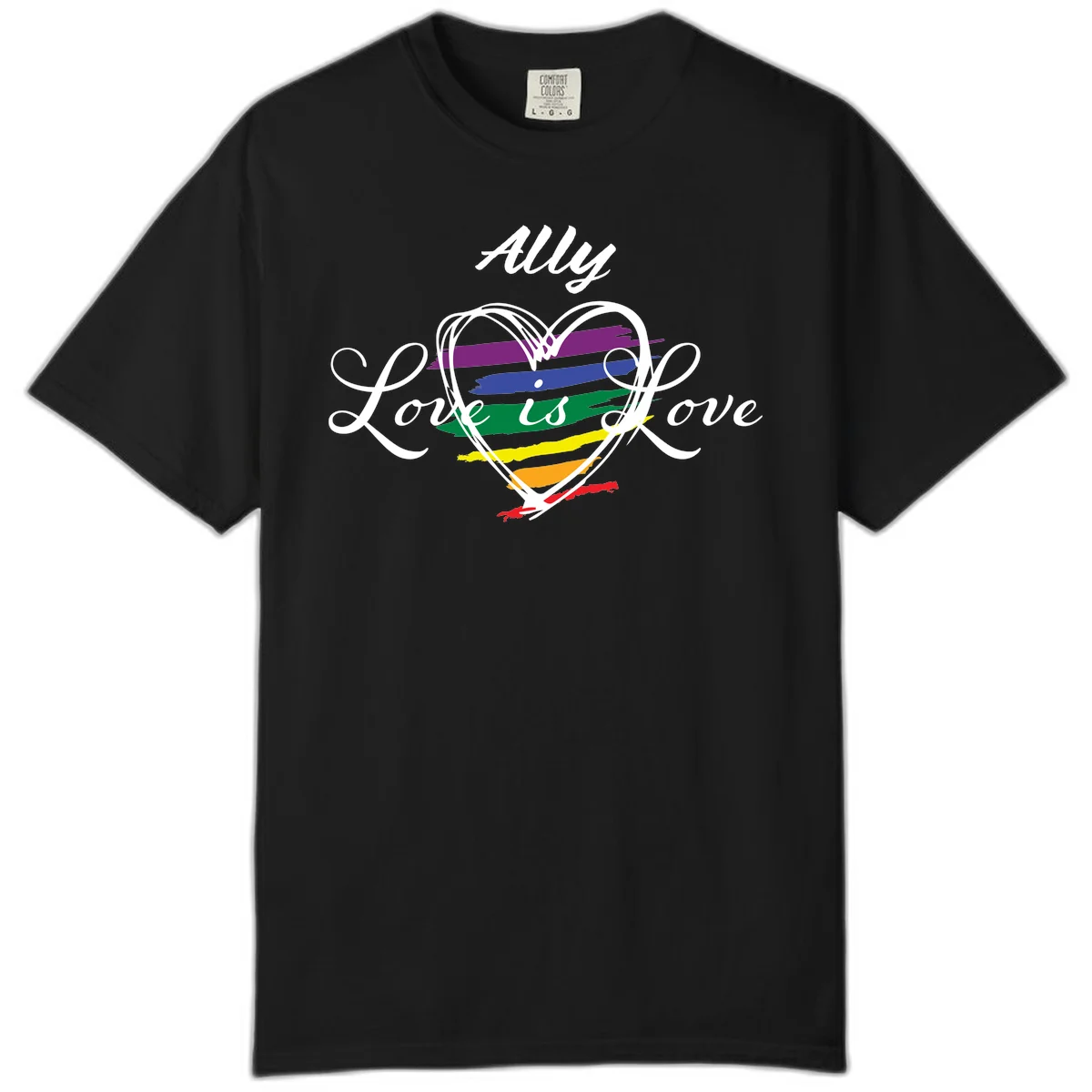White outlined heart with rainbow stripes and 'Ally Love is love' text for pride support in Black