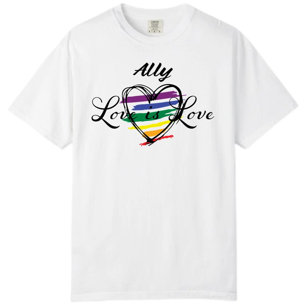 White outlined heart with rainbow stripes and 'Ally Love is love' text for pride support in White