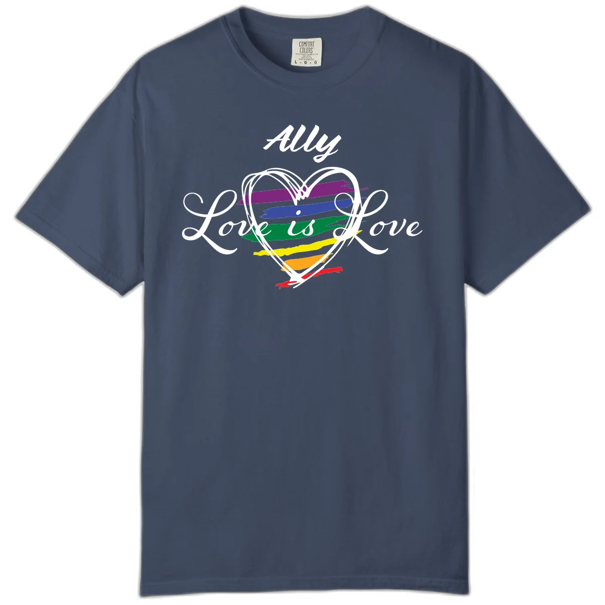 White outlined heart with rainbow stripes and 'Ally Love is love' text for pride support in Midnight