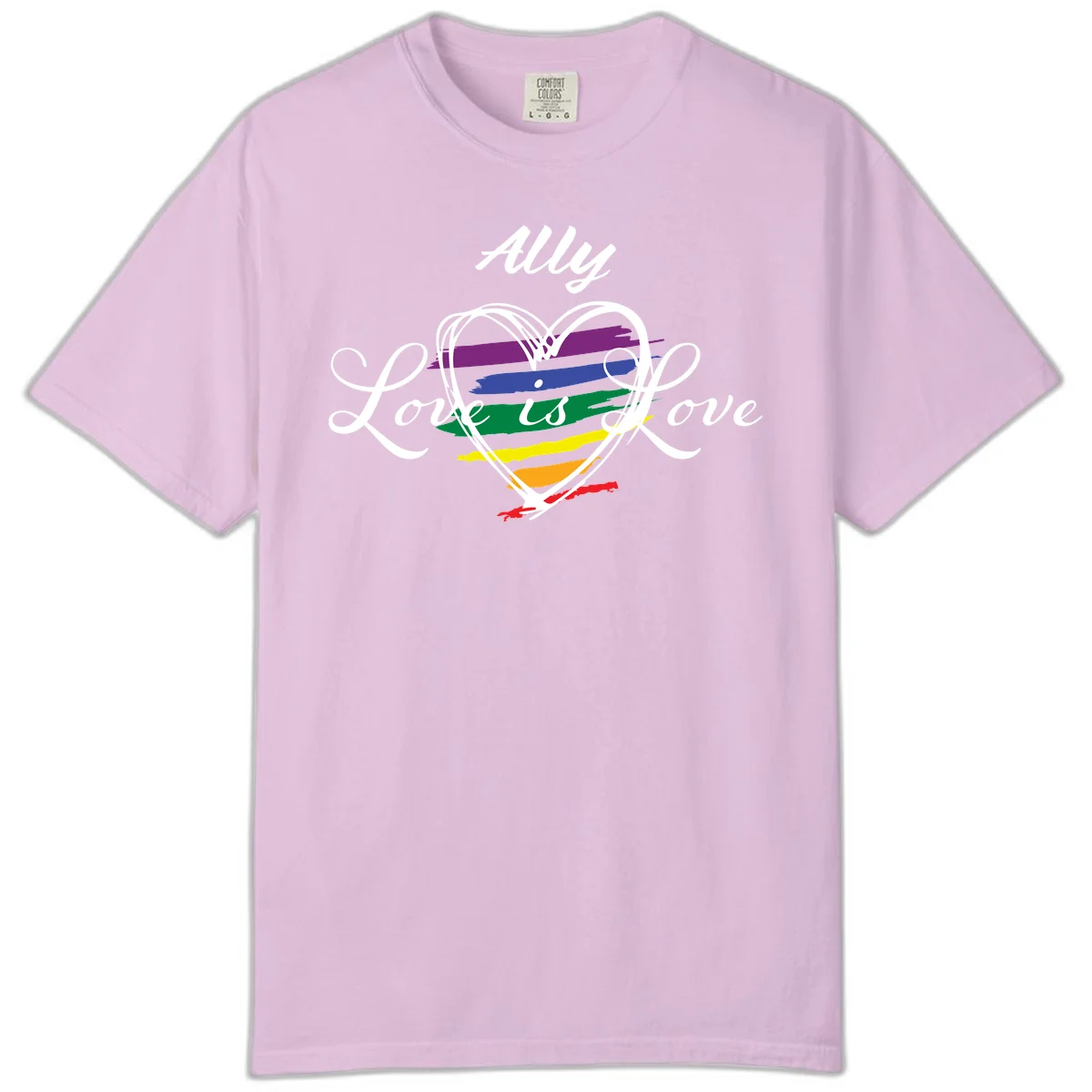 White outlined heart with rainbow stripes and 'Ally Love is love' text for pride support in Orchid