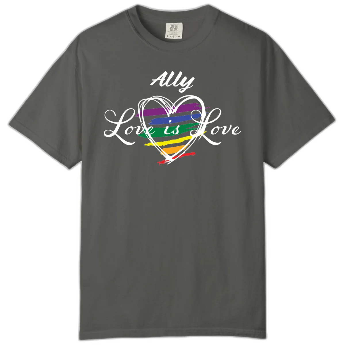 White outlined heart with rainbow stripes and 'Ally Love is love' text for pride support in Pepper