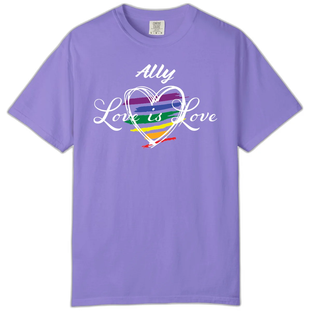 White outlined heart with rainbow stripes and 'Ally Love is love' text for pride support in Violet
