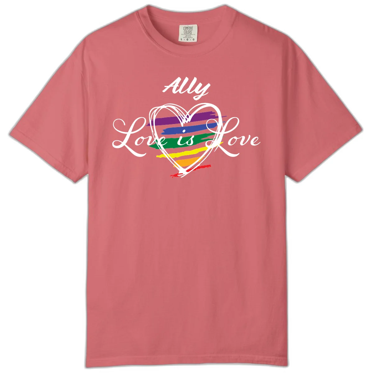 White outlined heart with rainbow stripes and 'Ally Love is love' text for pride support in Watermelon