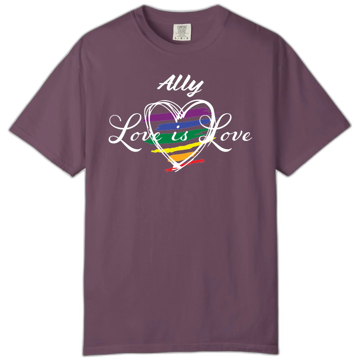 White outlined heart with rainbow stripes and 'Ally Love is love' text for pride support in Berry