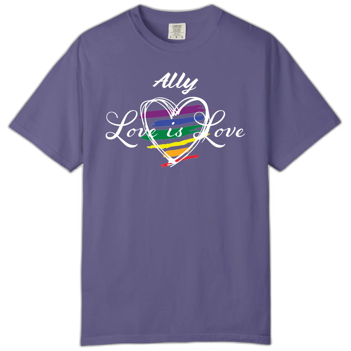 White outlined heart with rainbow stripes and 'Ally Love is love' text for pride support in Grape