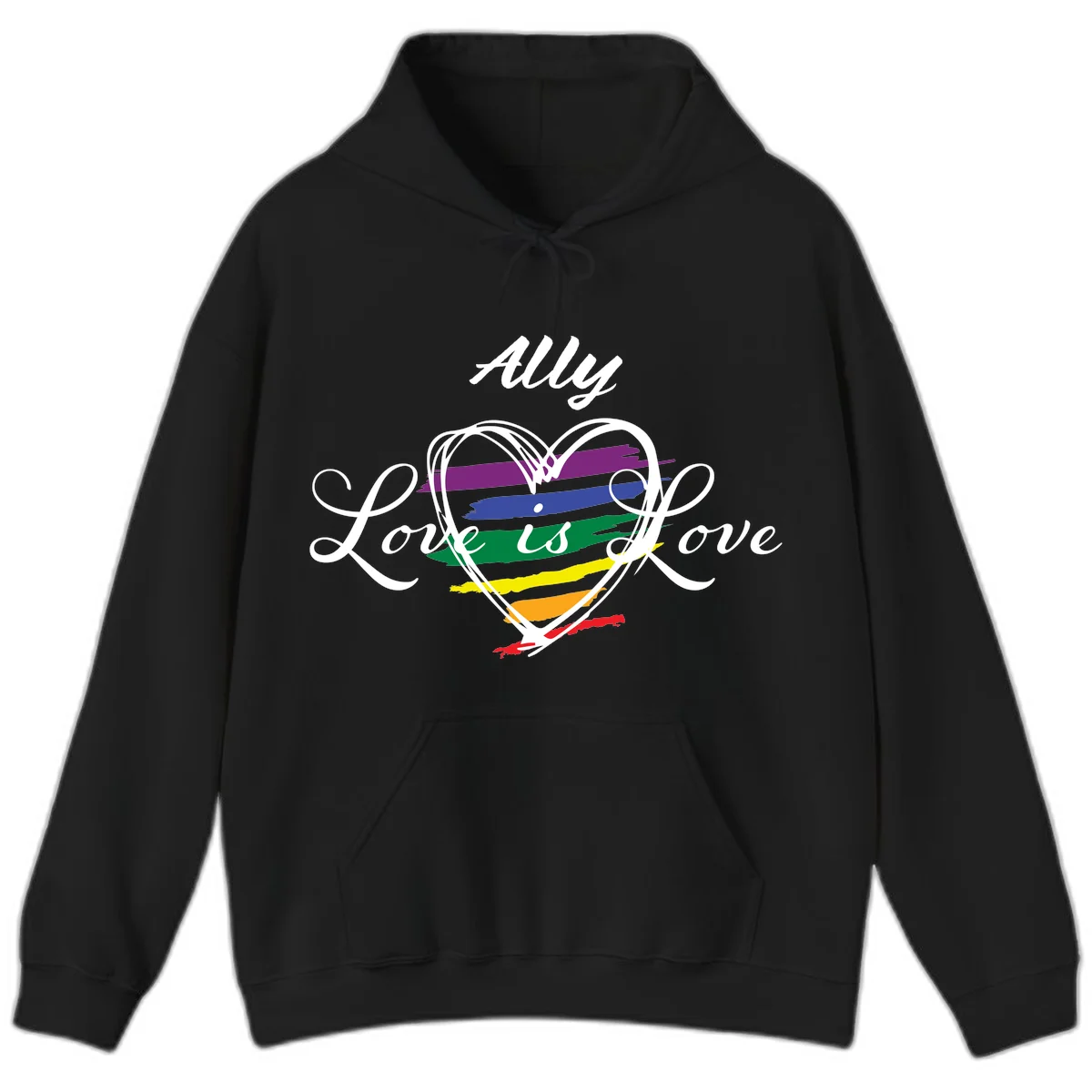 White outlined heart with rainbow stripes and 'Ally Love is love' text for pride support in Black