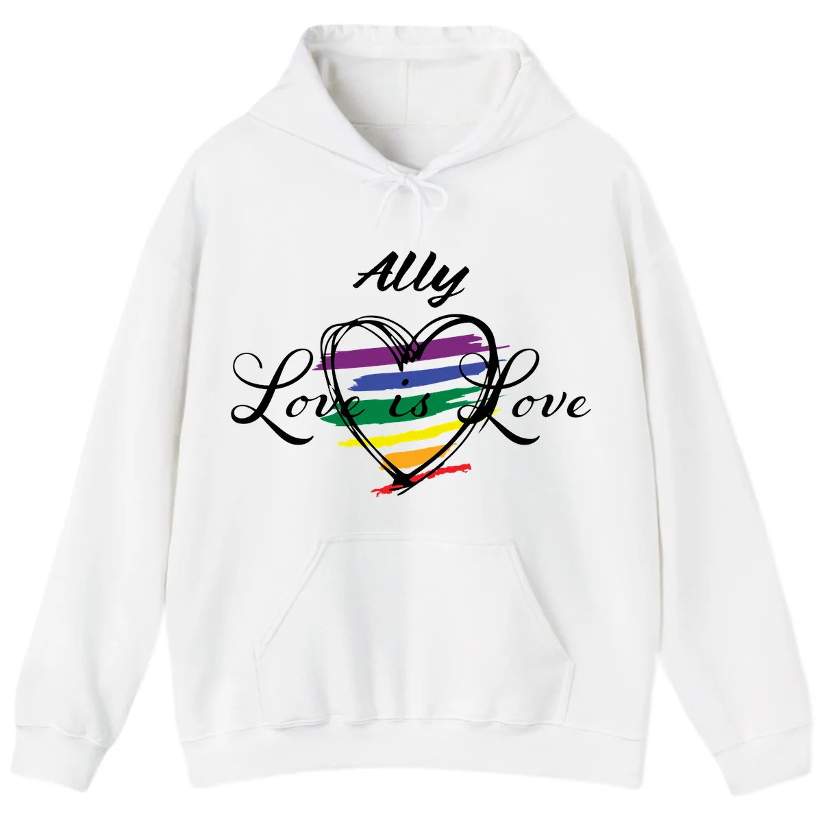 White outlined heart with rainbow stripes and 'Ally Love is love' text for pride support in White
