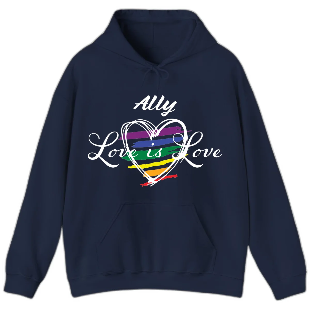 White outlined heart with rainbow stripes and 'Ally Love is love' text for pride support in Navy