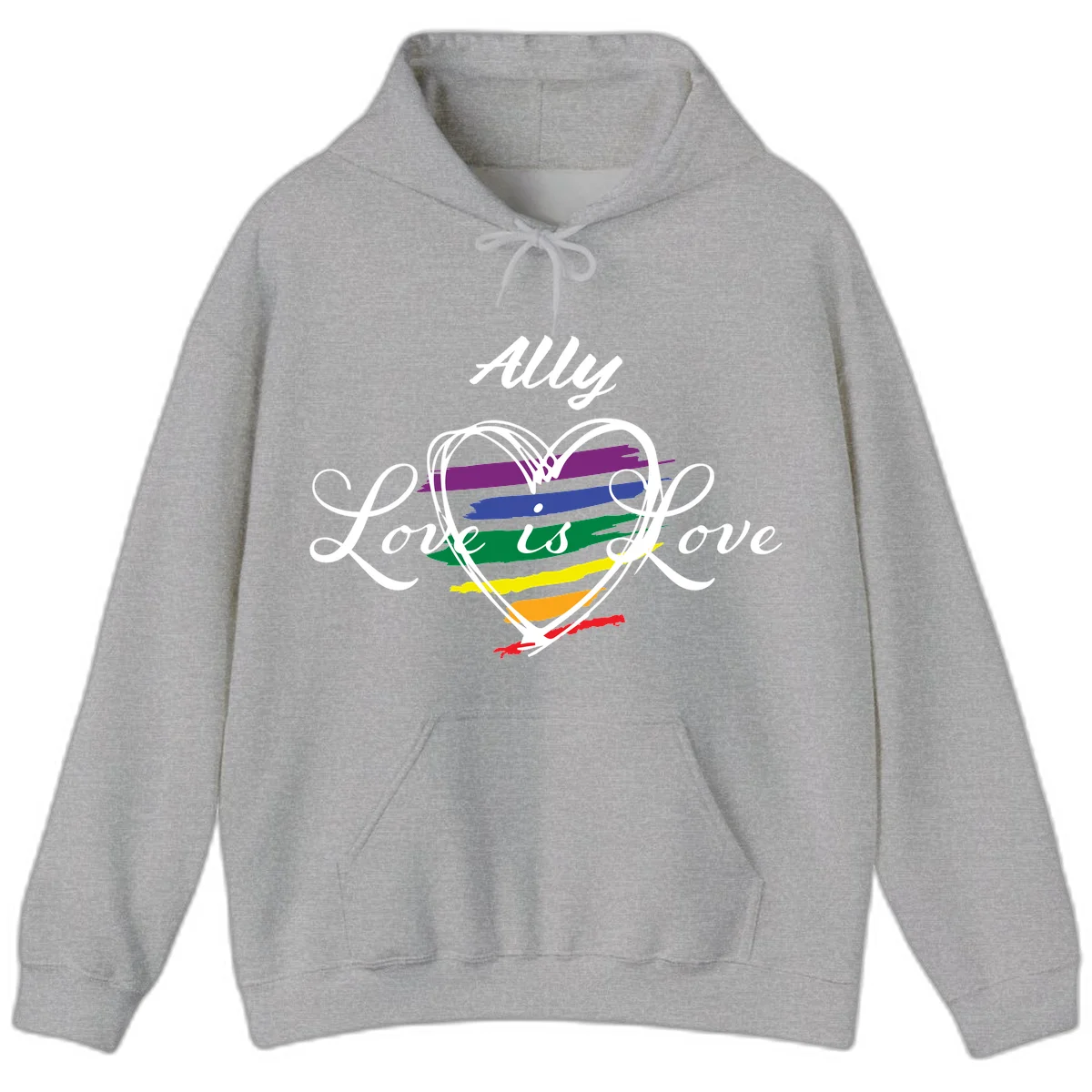 White outlined heart with rainbow stripes and 'Ally Love is love' text for pride support in Sport Grey
