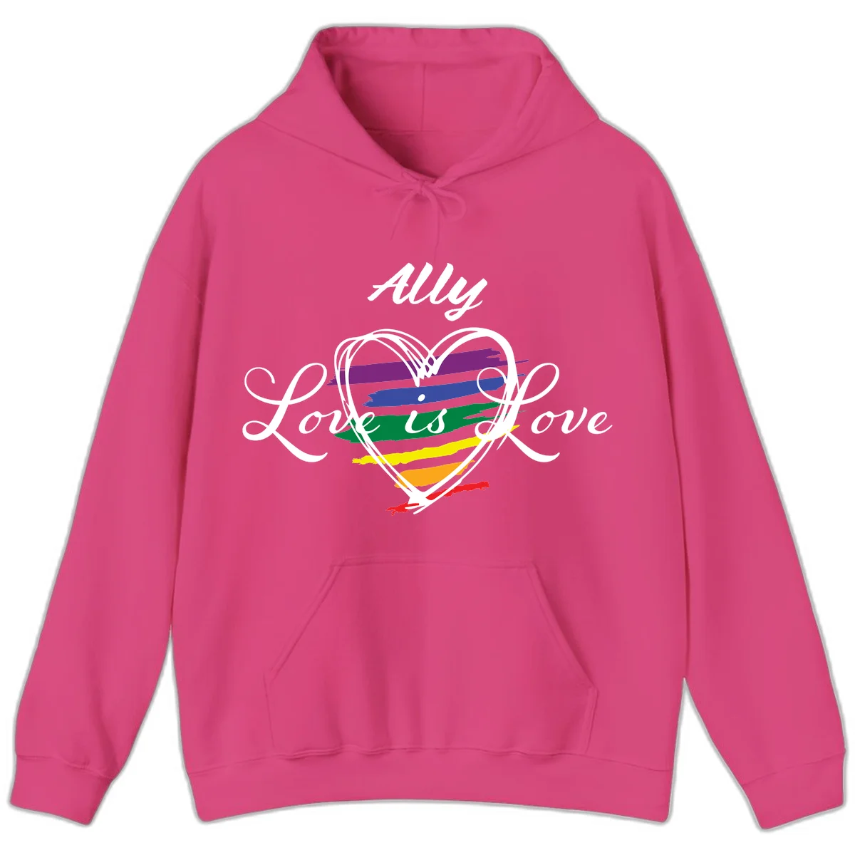 White outlined heart with rainbow stripes and 'Ally Love is love' text for pride support in Heliconia