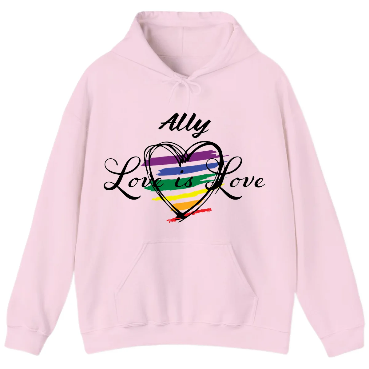 White outlined heart with rainbow stripes and 'Ally Love is love' text for pride support in Light Pink
