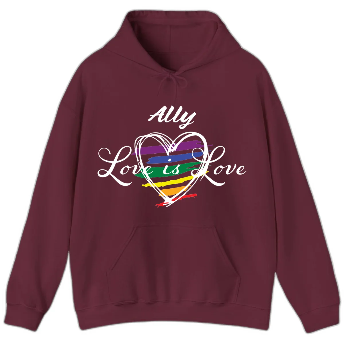 White outlined heart with rainbow stripes and 'Ally Love is love' text for pride support in Maroon