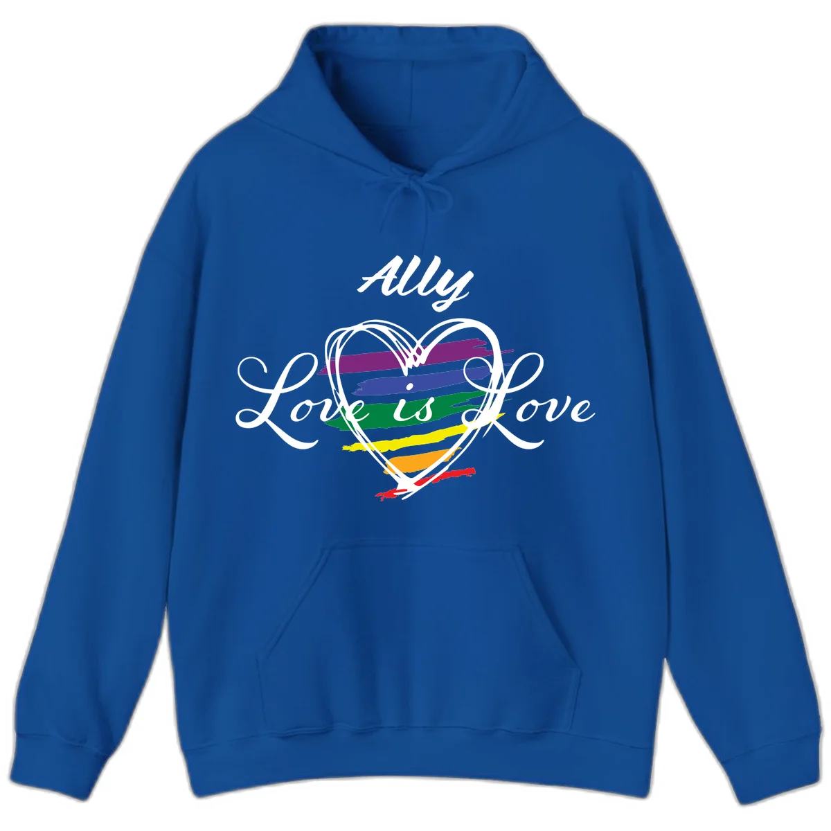White outlined heart with rainbow stripes and 'Ally Love is love' text for pride support in Royal