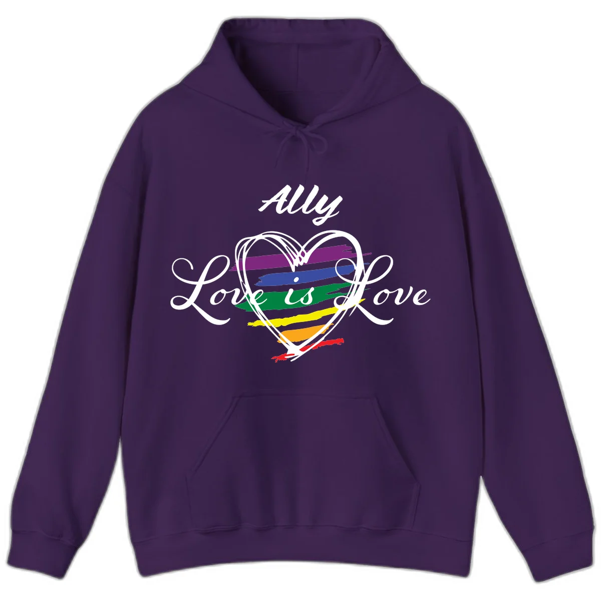 White outlined heart with rainbow stripes and 'Ally Love is love' text for pride support in Purple