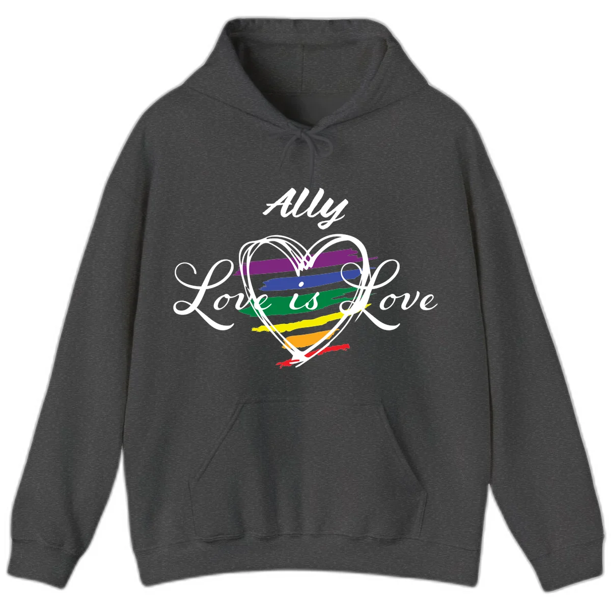 White outlined heart with rainbow stripes and 'Ally Love is love' text for pride support in Dark Heather