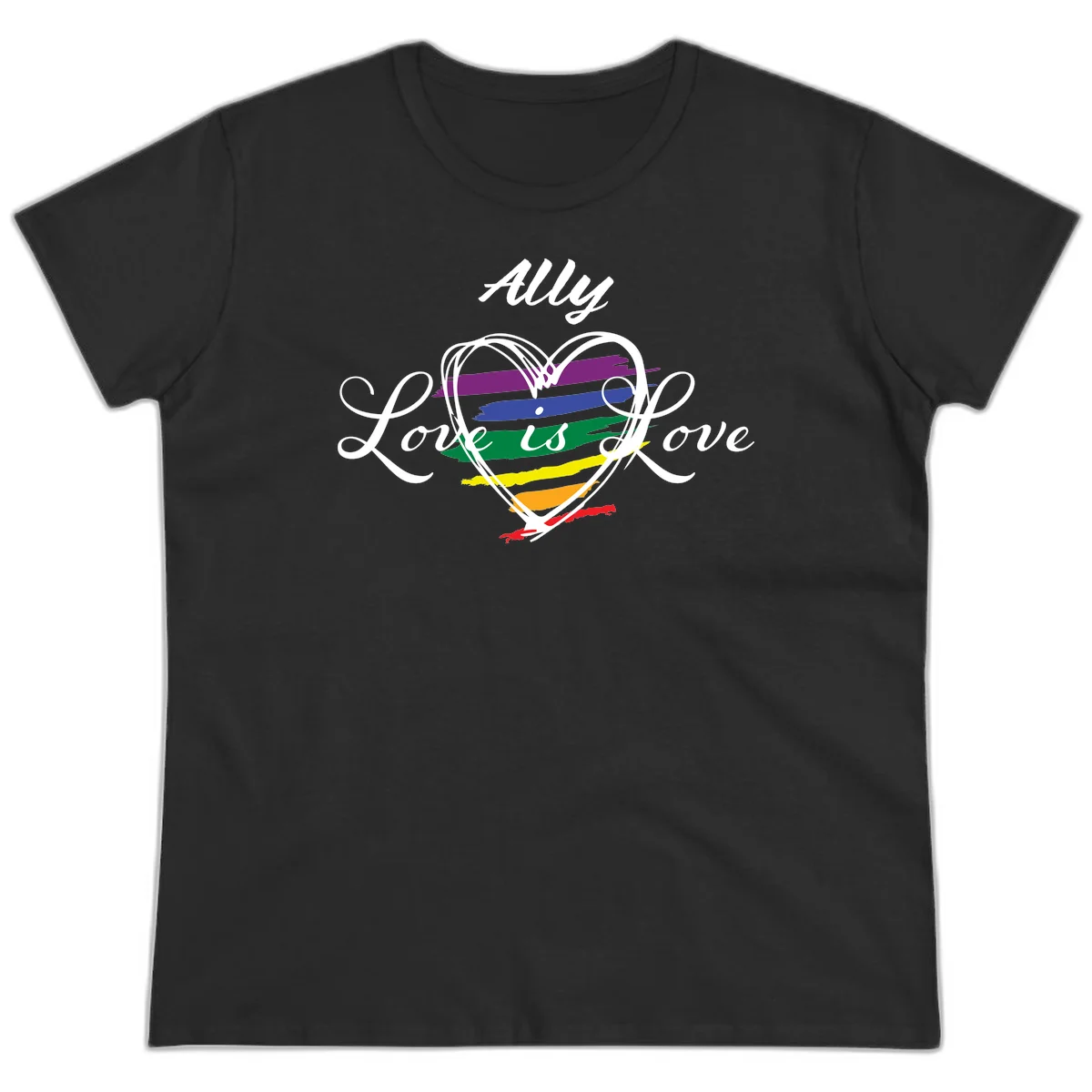 White outlined heart with rainbow stripes and 'Ally Love is love' text for pride support in Black