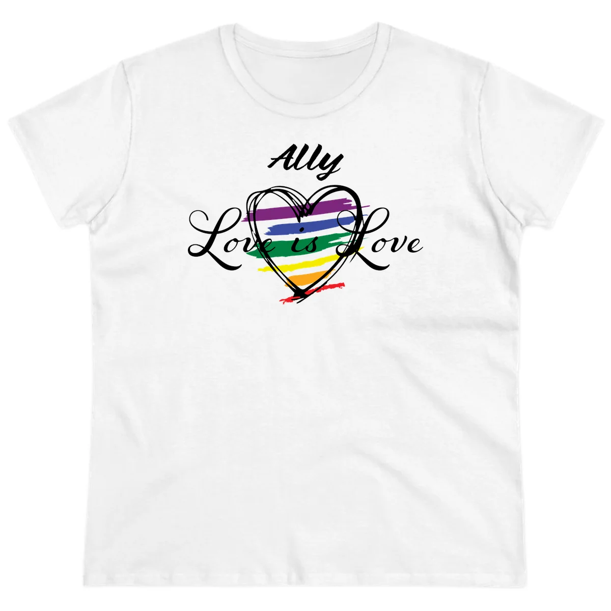 White outlined heart with rainbow stripes and 'Ally Love is love' text for pride support in White
