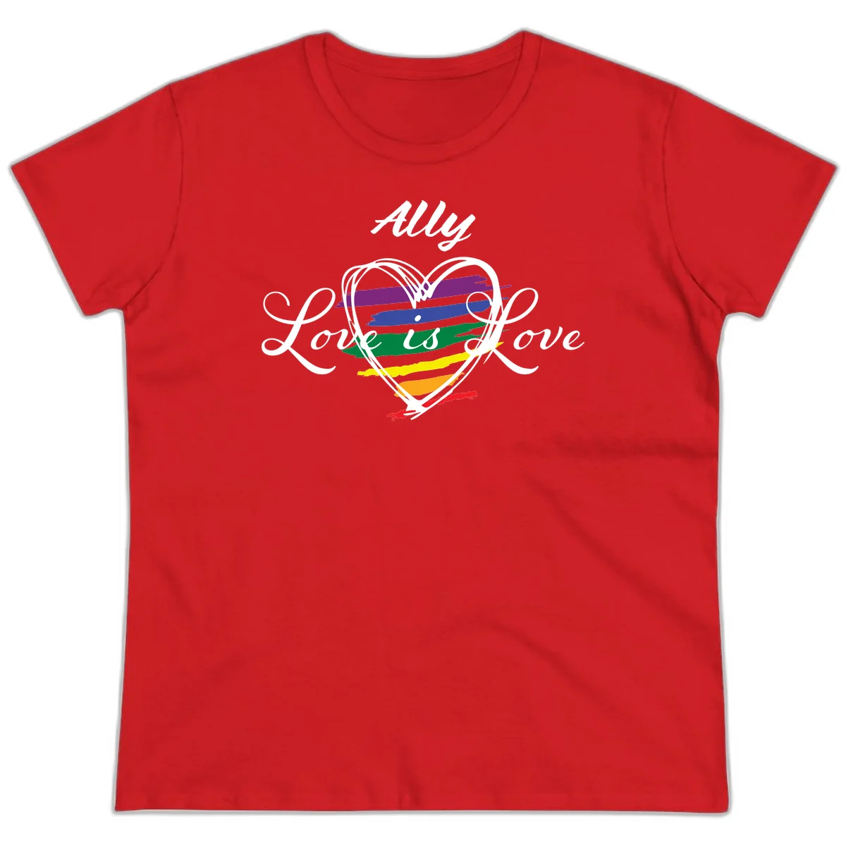 White outlined heart with rainbow stripes and 'Ally Love is love' text for pride support in Red