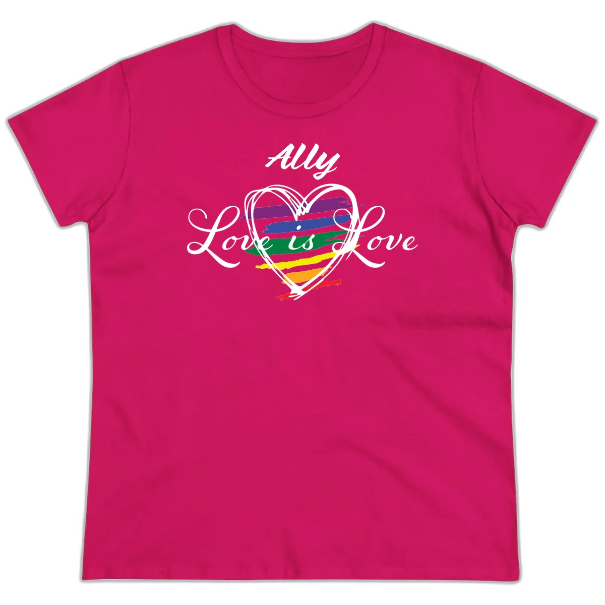 White outlined heart with rainbow stripes and 'Ally Love is love' text for pride support in Heliconia