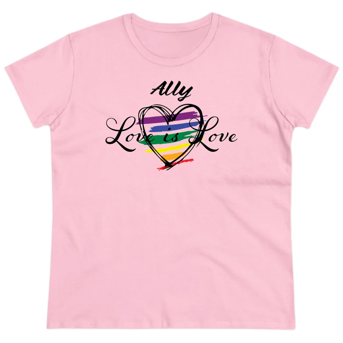 White outlined heart with rainbow stripes and 'Ally Love is love' text for pride support in Light Pink