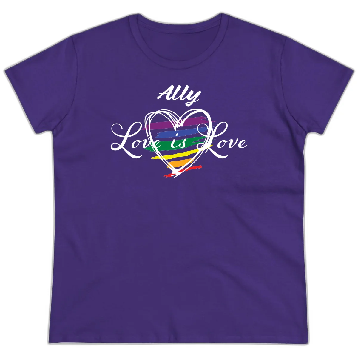 White outlined heart with rainbow stripes and 'Ally Love is love' text for pride support in Purple