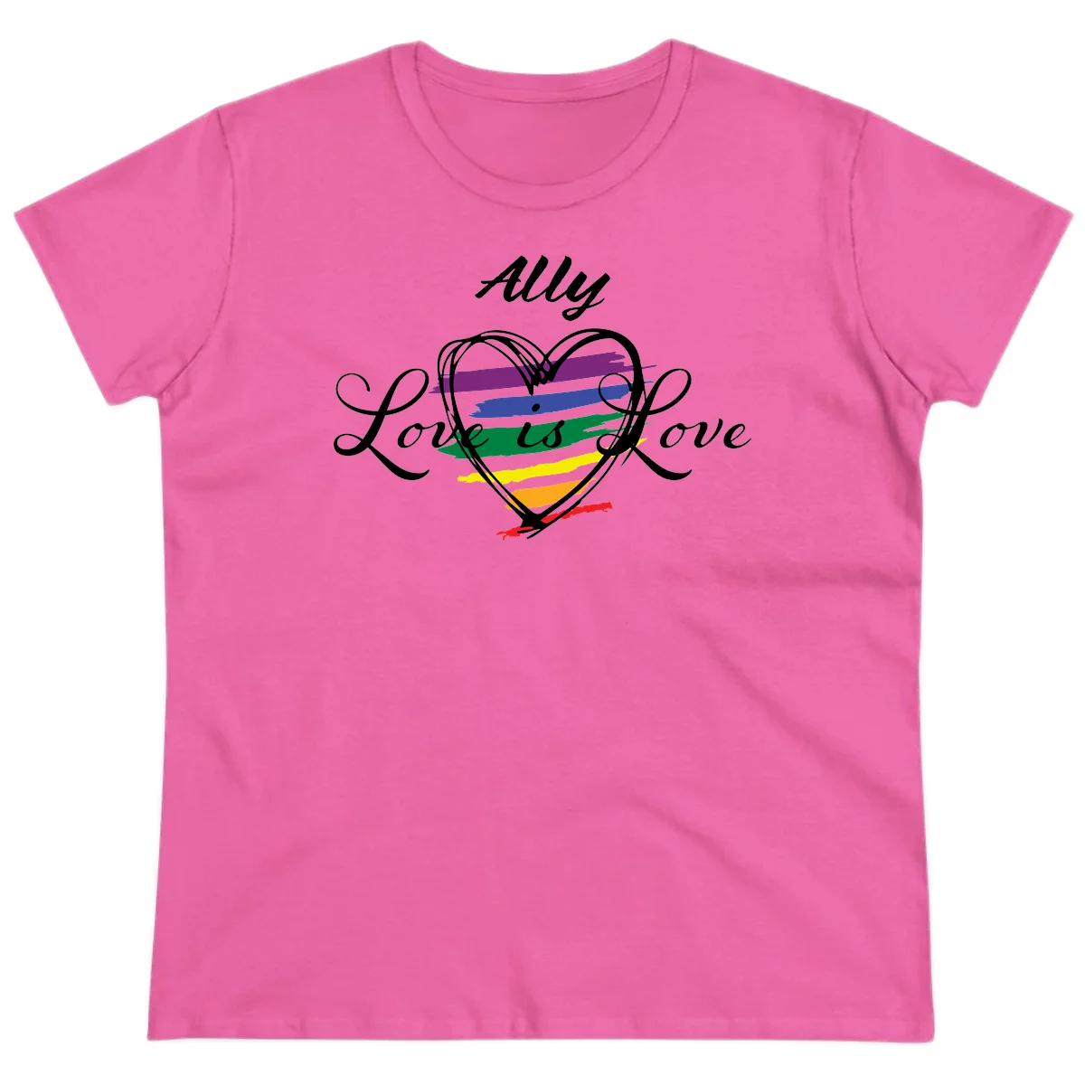 White outlined heart with rainbow stripes and 'Ally Love is love' text for pride support in Azalea