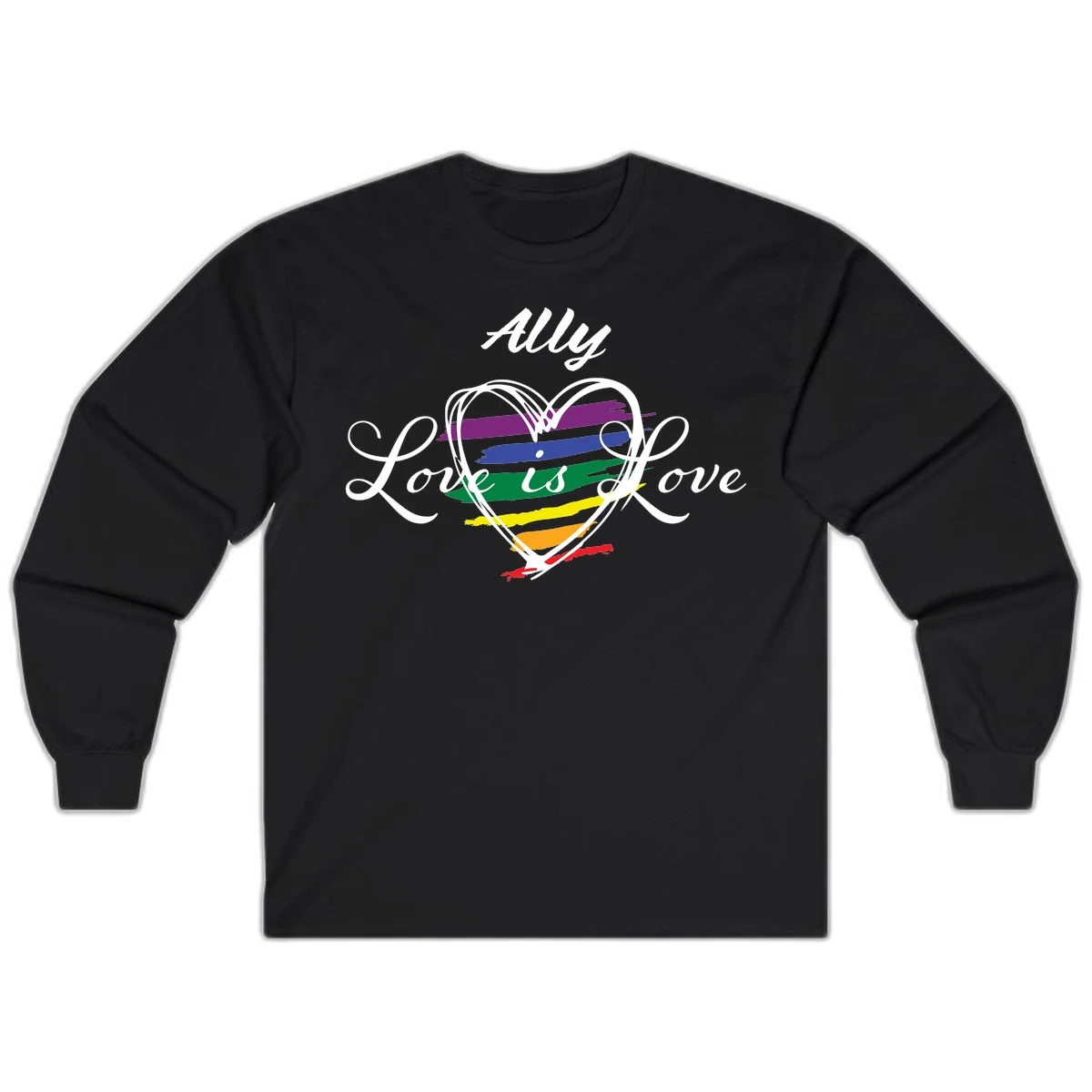 White outlined heart with rainbow stripes and 'Ally Love is love' text for pride support in Black