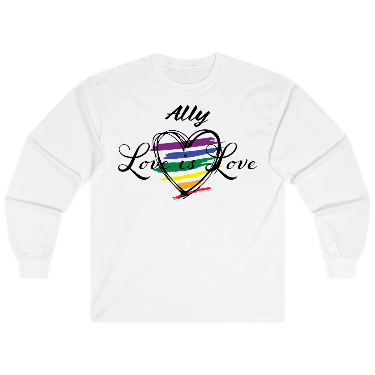 White outlined heart with rainbow stripes and 'Ally Love is love' text for pride support in White