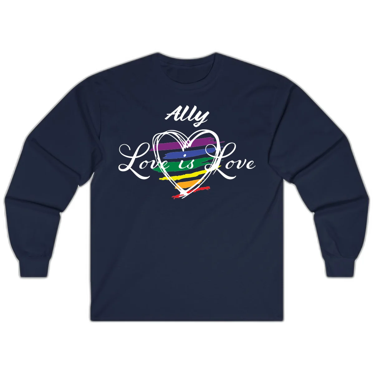White outlined heart with rainbow stripes and 'Ally Love is love' text for pride support in Navy