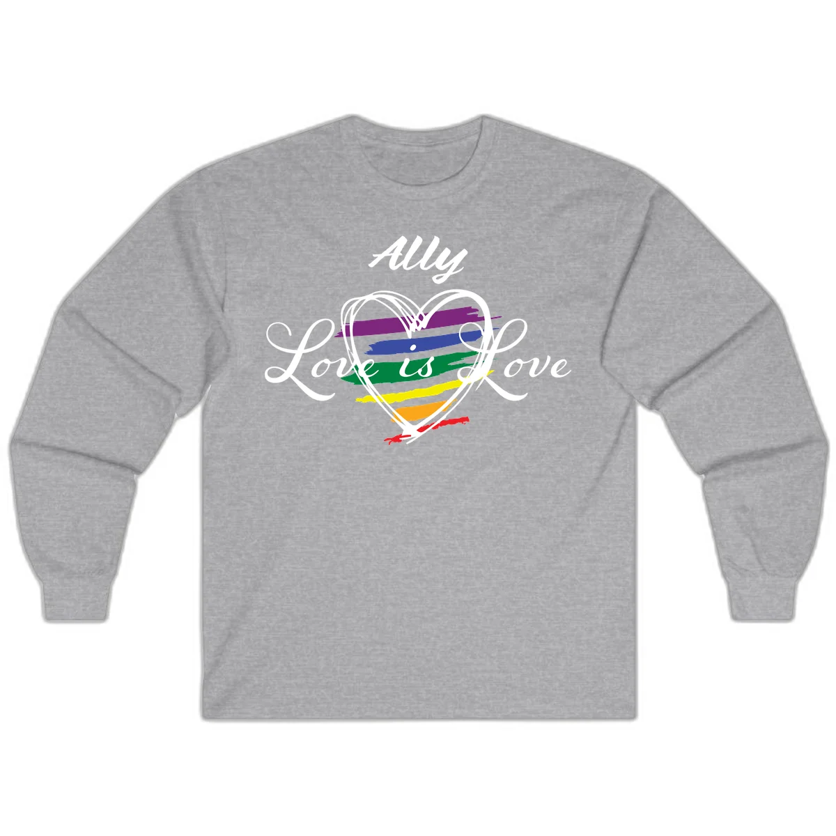 White outlined heart with rainbow stripes and 'Ally Love is love' text for pride support in Sport Grey