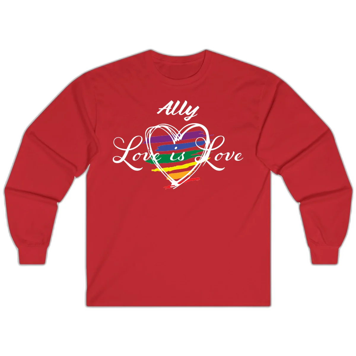White outlined heart with rainbow stripes and 'Ally Love is love' text for pride support in Red