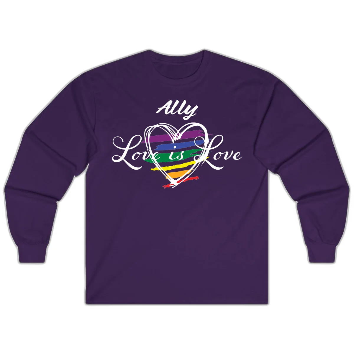 White outlined heart with rainbow stripes and 'Ally Love is love' text for pride support in Purple