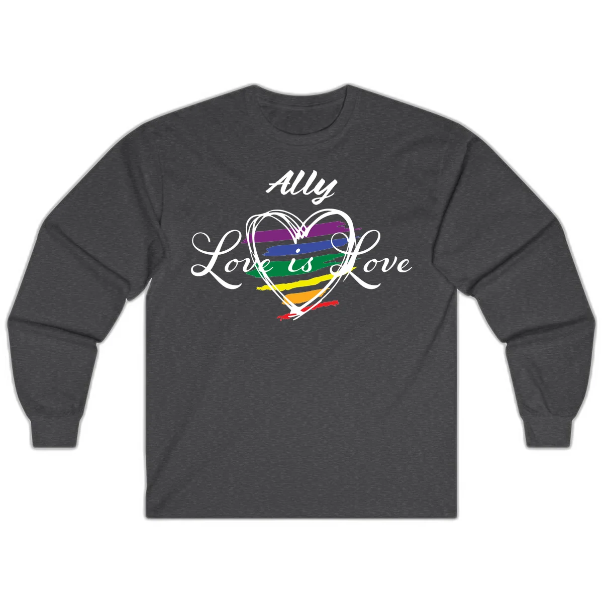 White outlined heart with rainbow stripes and 'Ally Love is love' text for pride support in Dark Heather