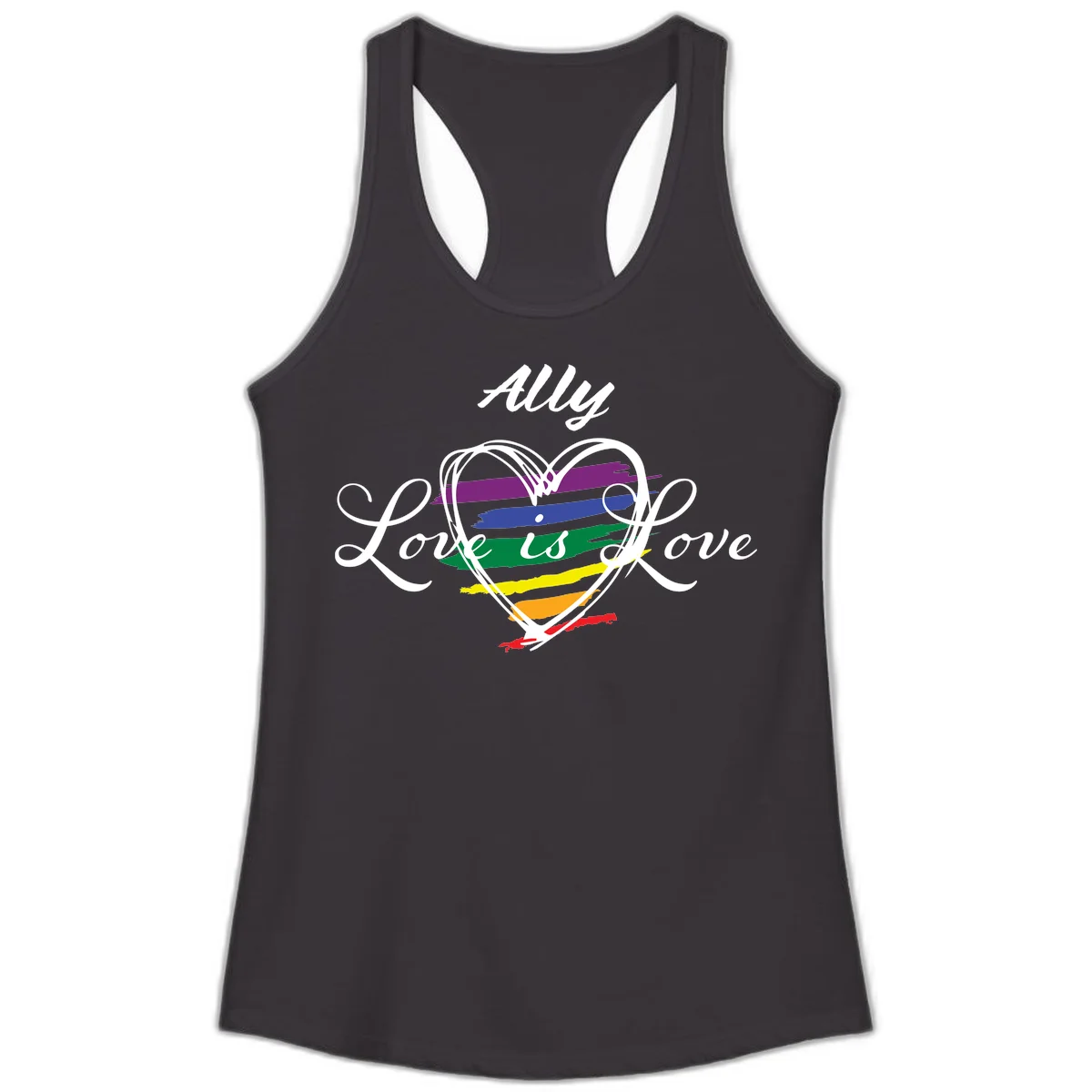 White outlined heart with rainbow stripes and 'Ally Love is love' text for pride support in Black