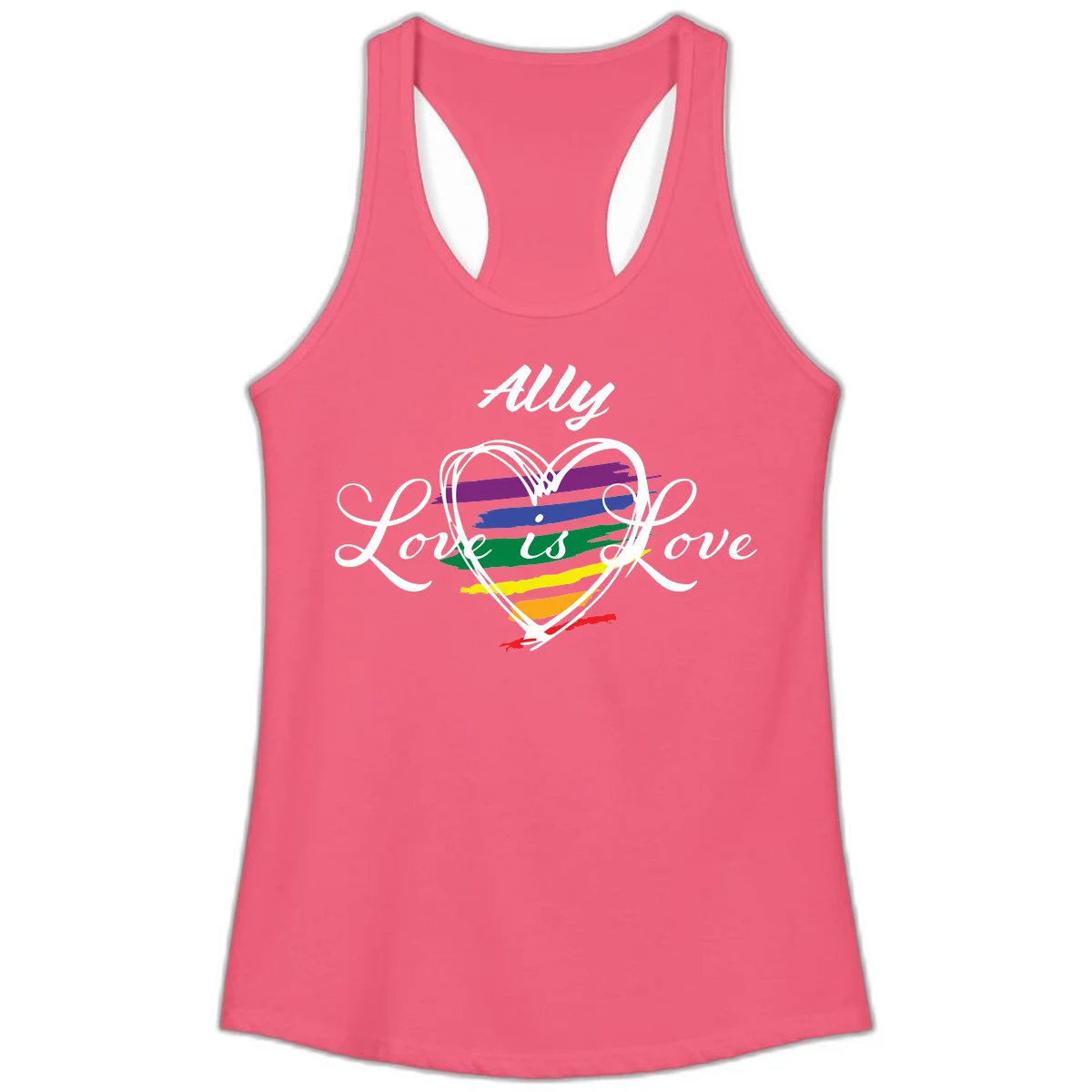 White outlined heart with rainbow stripes and 'Ally Love is love' text for pride support in Hot Pink